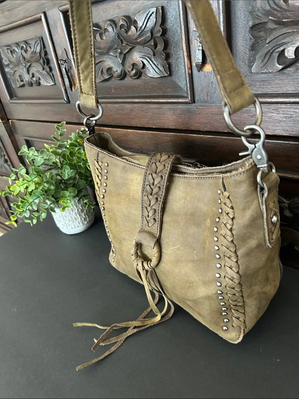 Montana West Taupe/Brown Suede Braided Crossbody Bag
